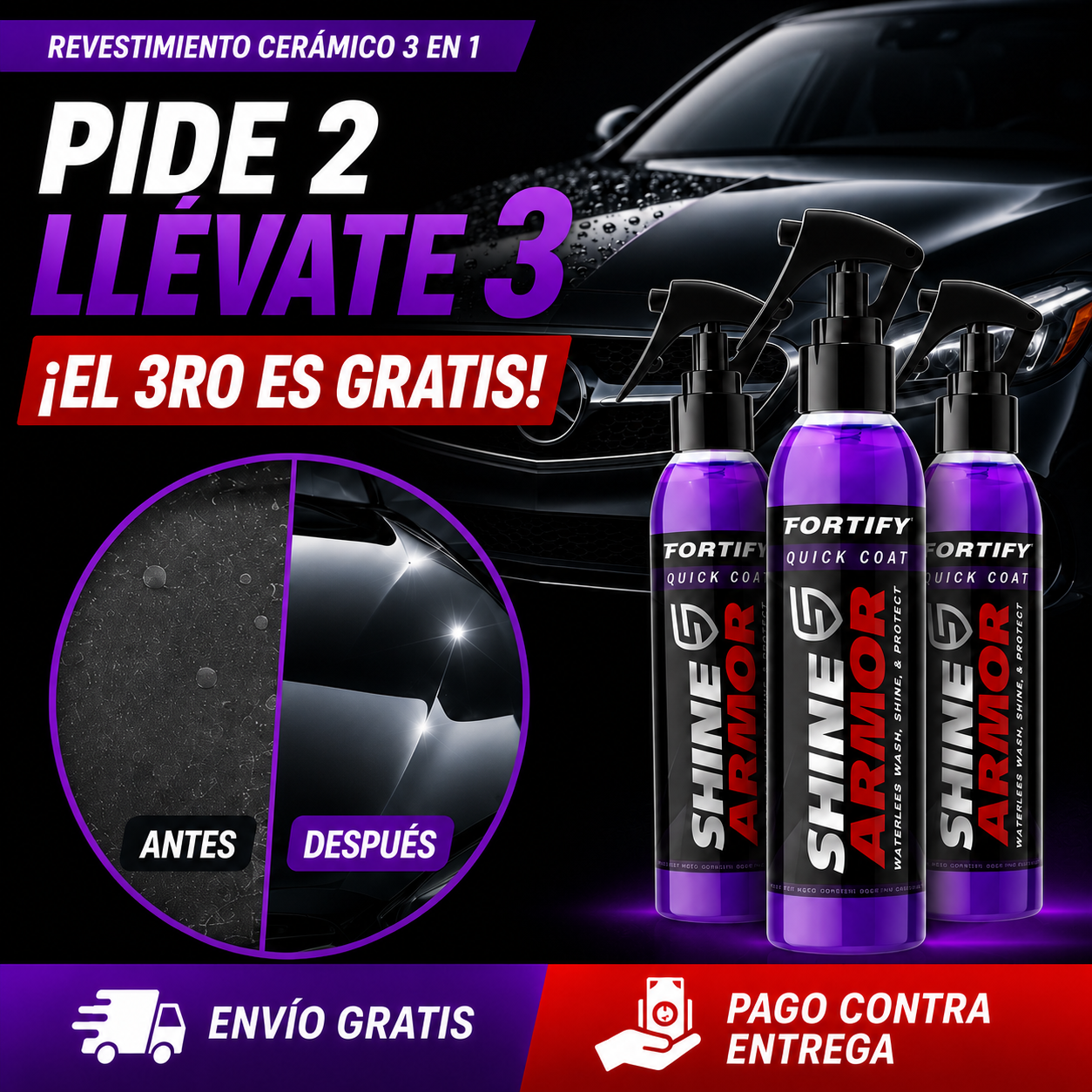 Shinne Armo Pro Ceramic 3 en 1 — Brillo, Protección y Efecto Hidrofóbico PIDE 2 y LLEVAS 3